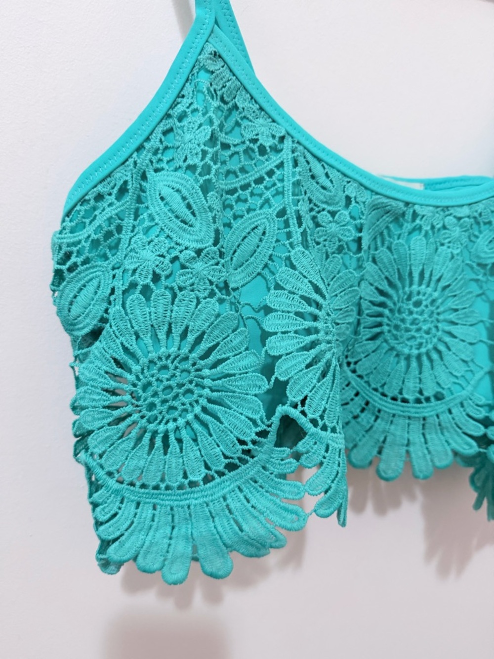 Jessica Simpson Crochet Bandeau Bikini Top with Soft Cups Lace Turquoise Size XL - Picture 4 of 6